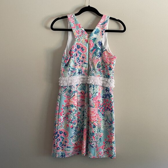 Lilly Pulitzer Sz XS Serene Blue Gypsea Preppy Tropical Arden Fringe Shift Dress - Picture 10 of 12